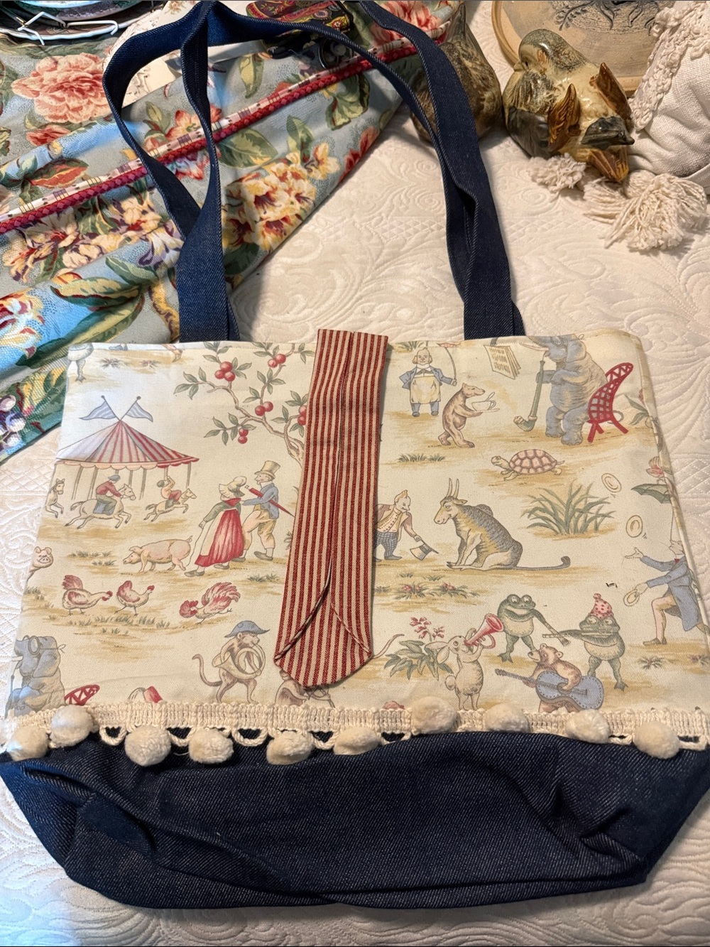 Custom made Whimsical Animal Print Canvas Tote Bag in Cream and Navy